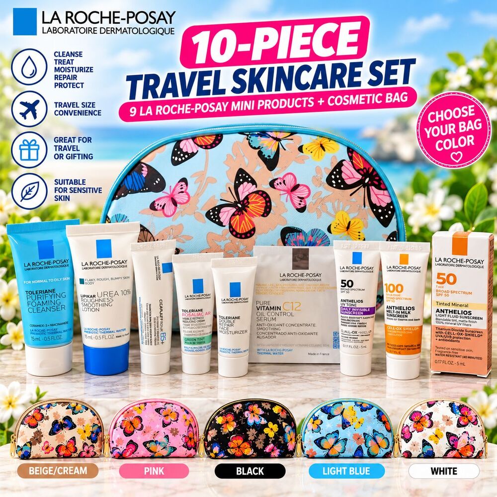 La Roche-Posay 10-Pc Travel Skincare Set 9 Minis + Cosmetic Bag SPF Moisturizer